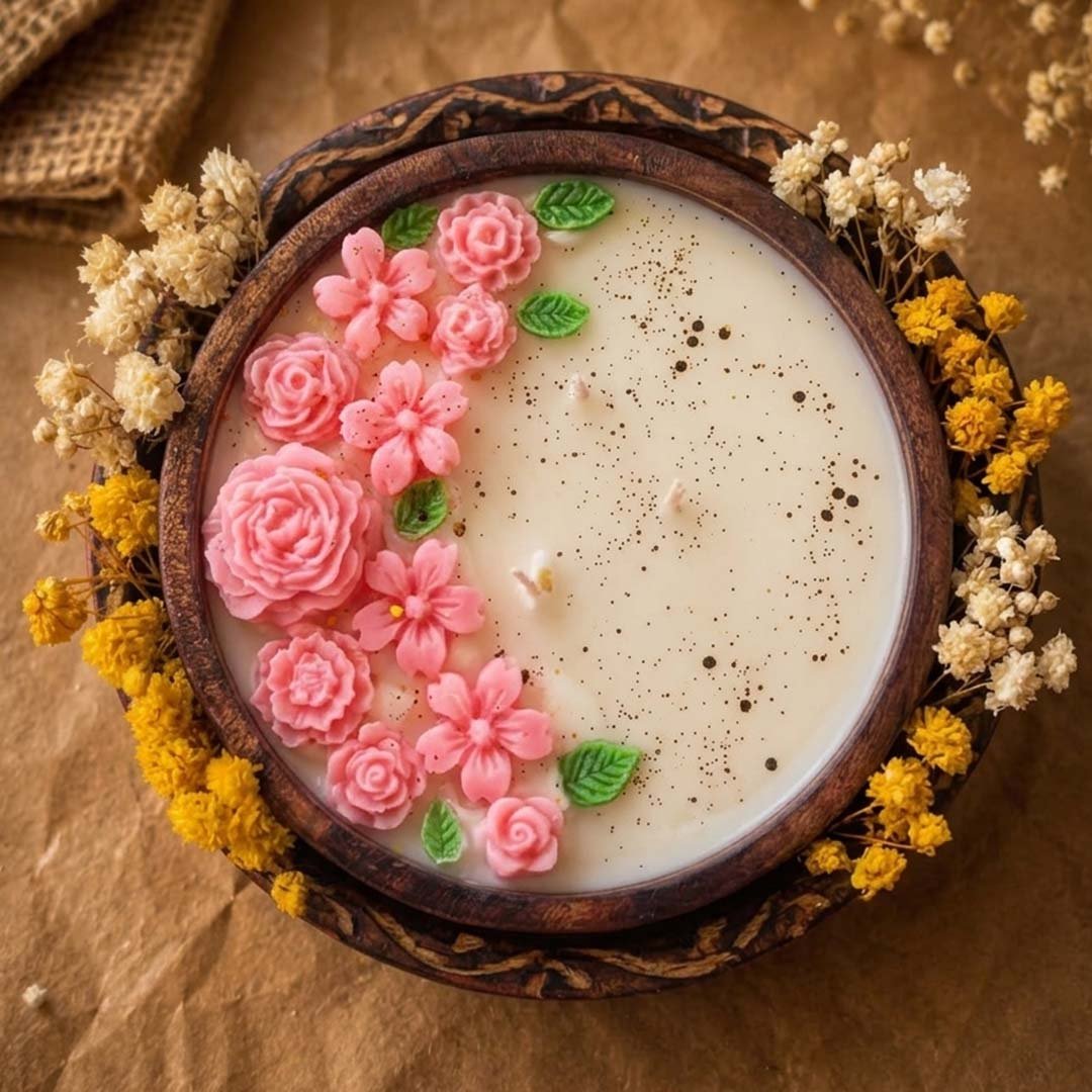 Wooden Urli Flower Candle for Festive Decoration