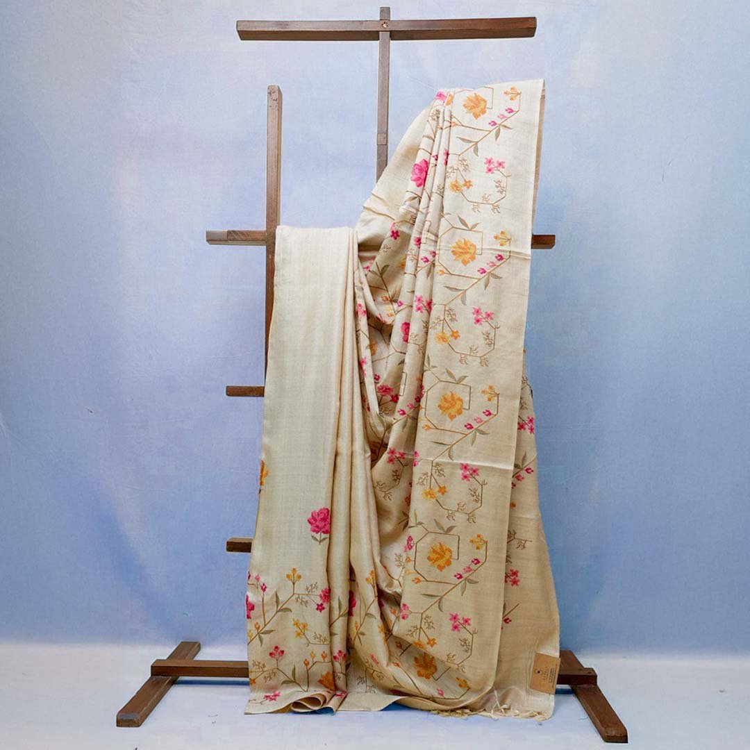 Bhagalpur Pure Tussar Silk Saree with Floral Embroidery