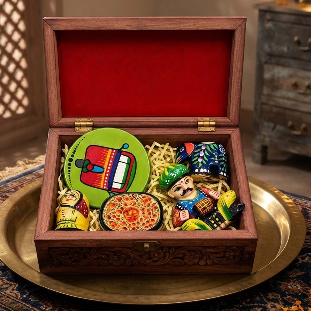 Indyhaat Customized Handcrafted Diwali Gift Box Anniversary Gift Corporate Gift Return Gifts Wooden BOX
