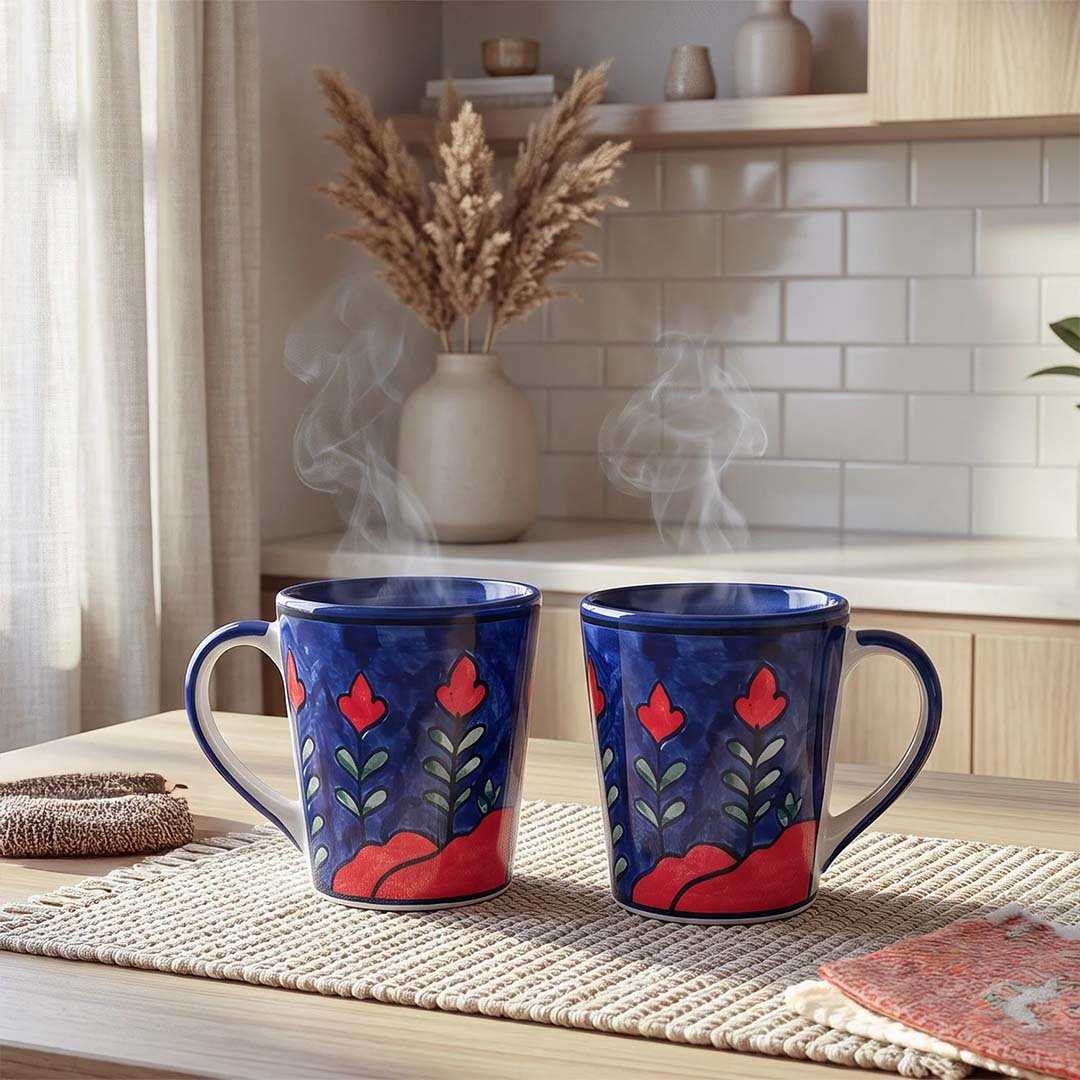 Khurja Ceramic Coffee Mug Set of 2 Handmade Mountain Art