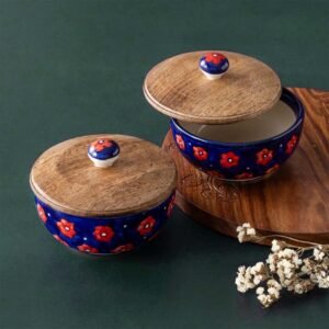 Khurja Ceramic Serving Bowl with Lid Set of 2 Handmade Floral Art