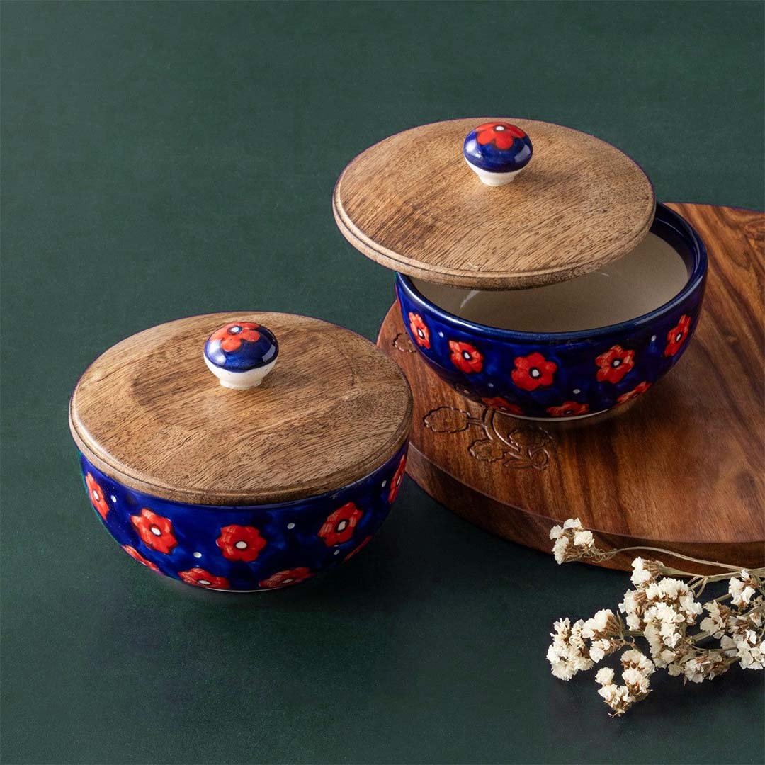 Khurja Ceramic Serving Bowl with Lid Set of 2 Handmade Floral Art