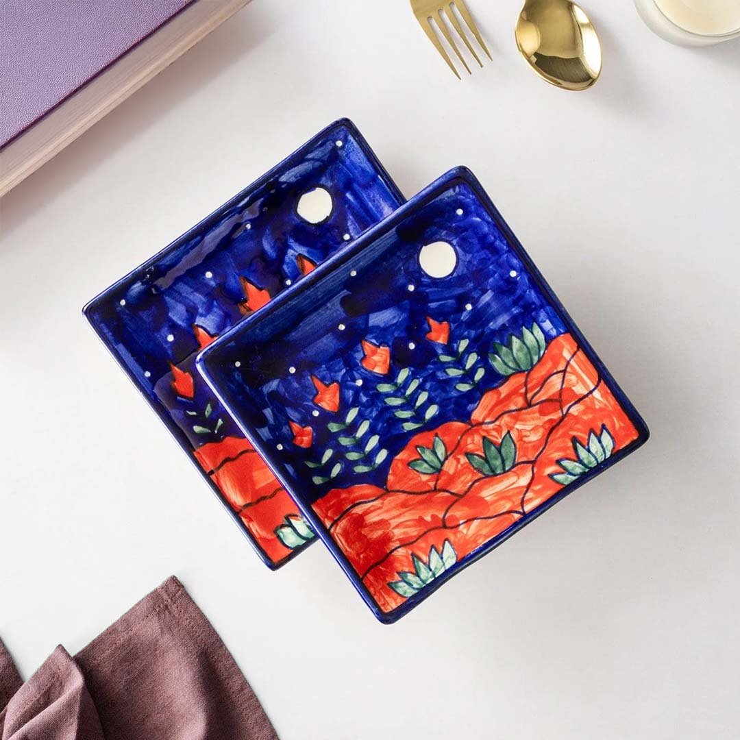 Khurja Ceramic Serving Platter Set of 2 Moon and Mountain Art