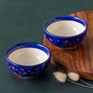 Khurja Pottery Ceramic Bowl Set of 2 Handmade Floral Art