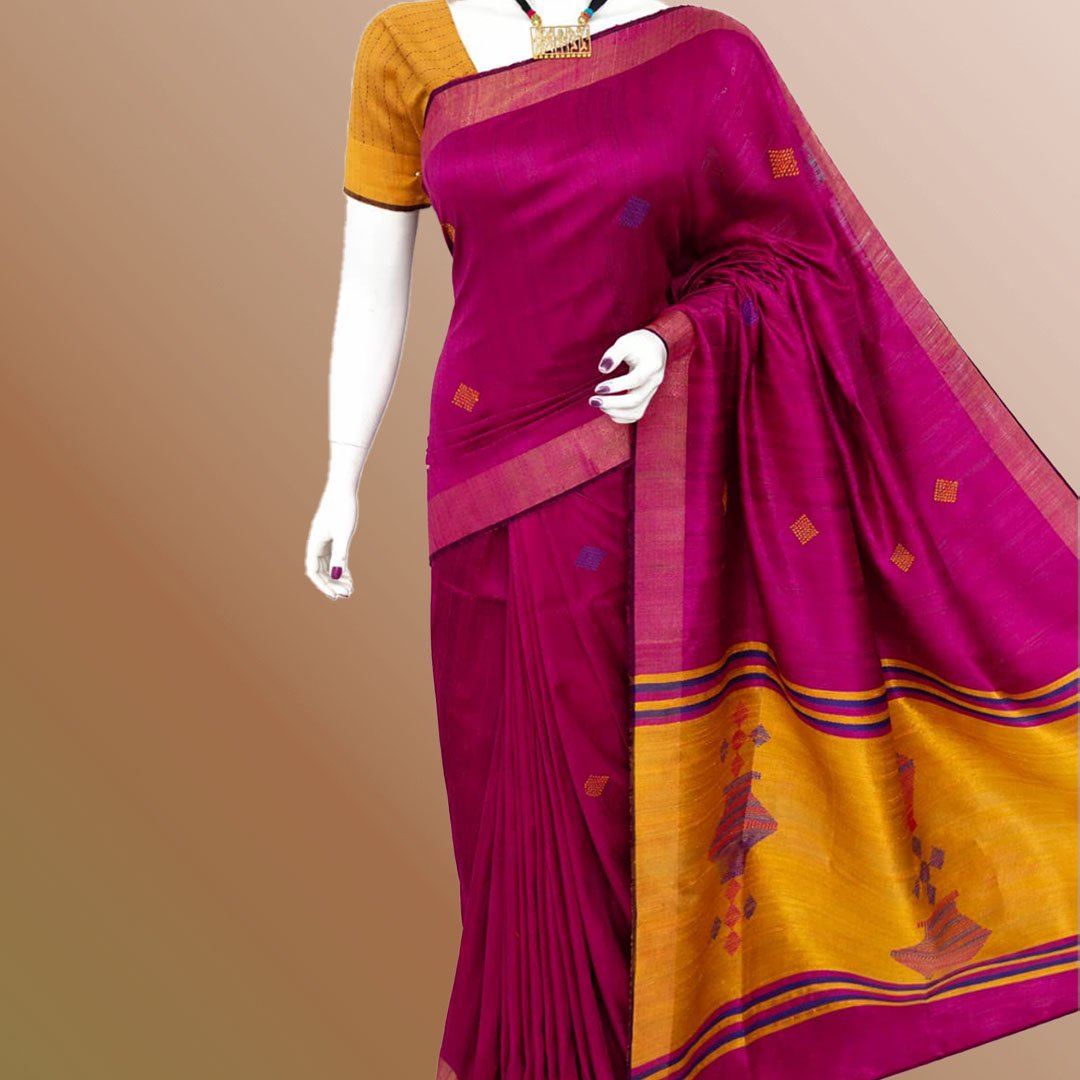 Magenta and Mustard Handwoven Tussar Dupion Silk Saree