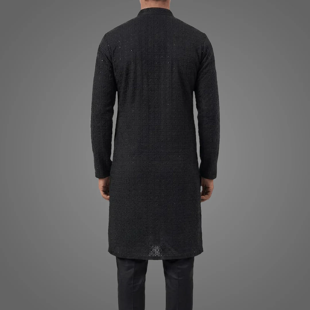 Men Black Lucknow Chikankari Kurta
