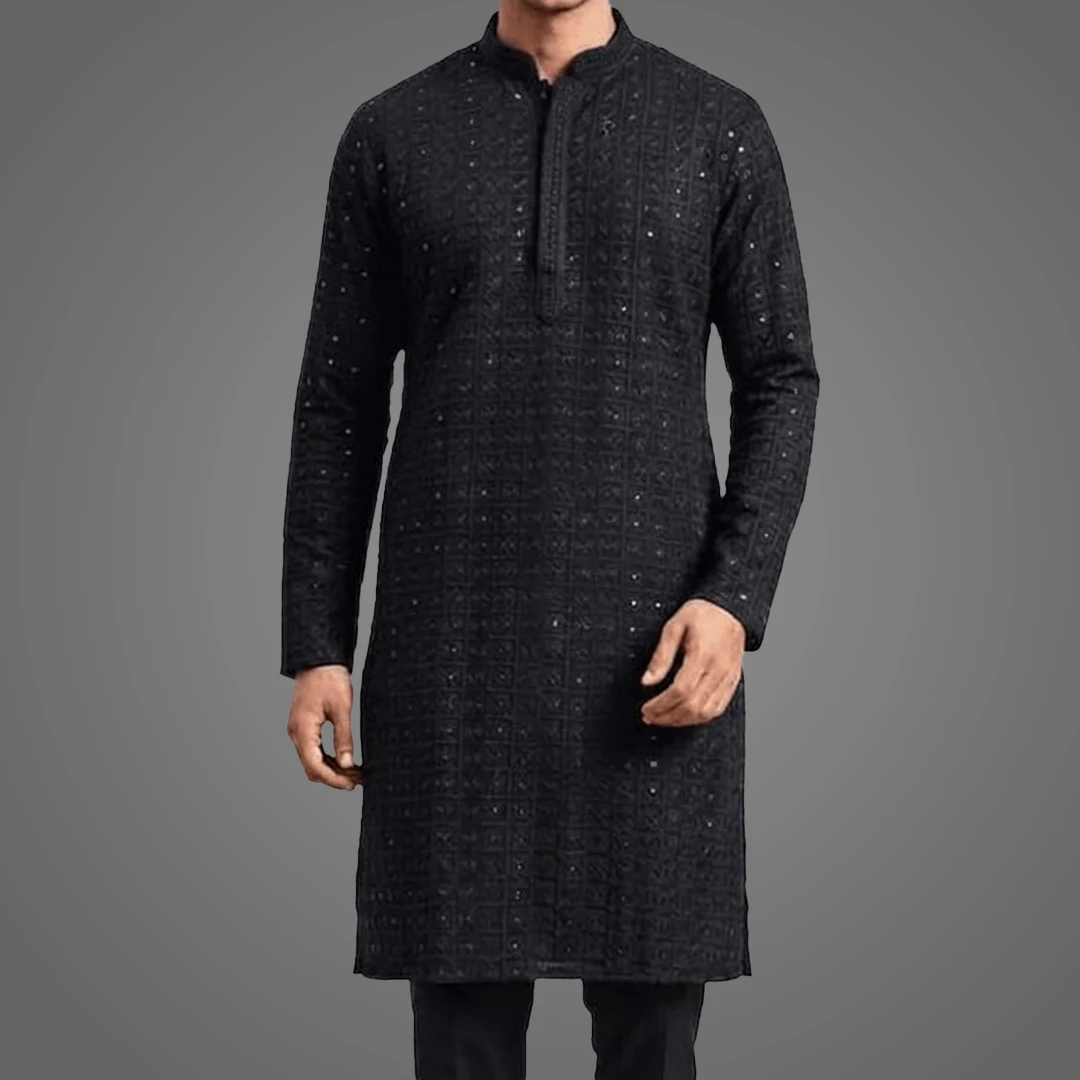 Men Black Lucknow Chikankari Kurta