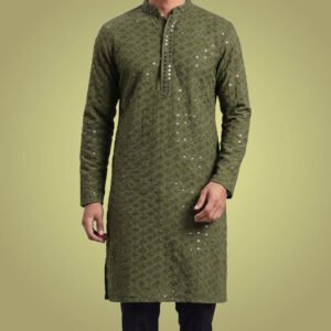 Men Olive Green Chikankari Embroidered Kurta