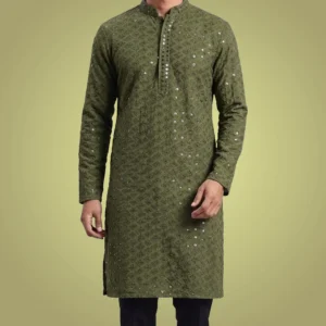 Men Olive Green Chikankari Embroidered Kurta