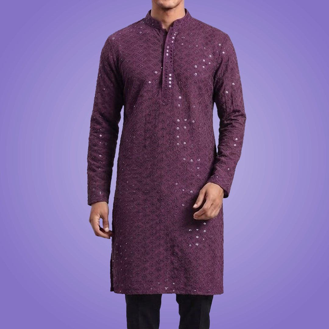 Men Purple Chikankari Embroidered Kurta