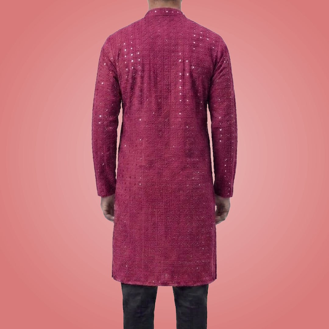 Men Wine Chikankari Embroidered Kurta