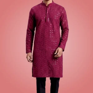 Men Wine Chikankari Embroidered Kurta