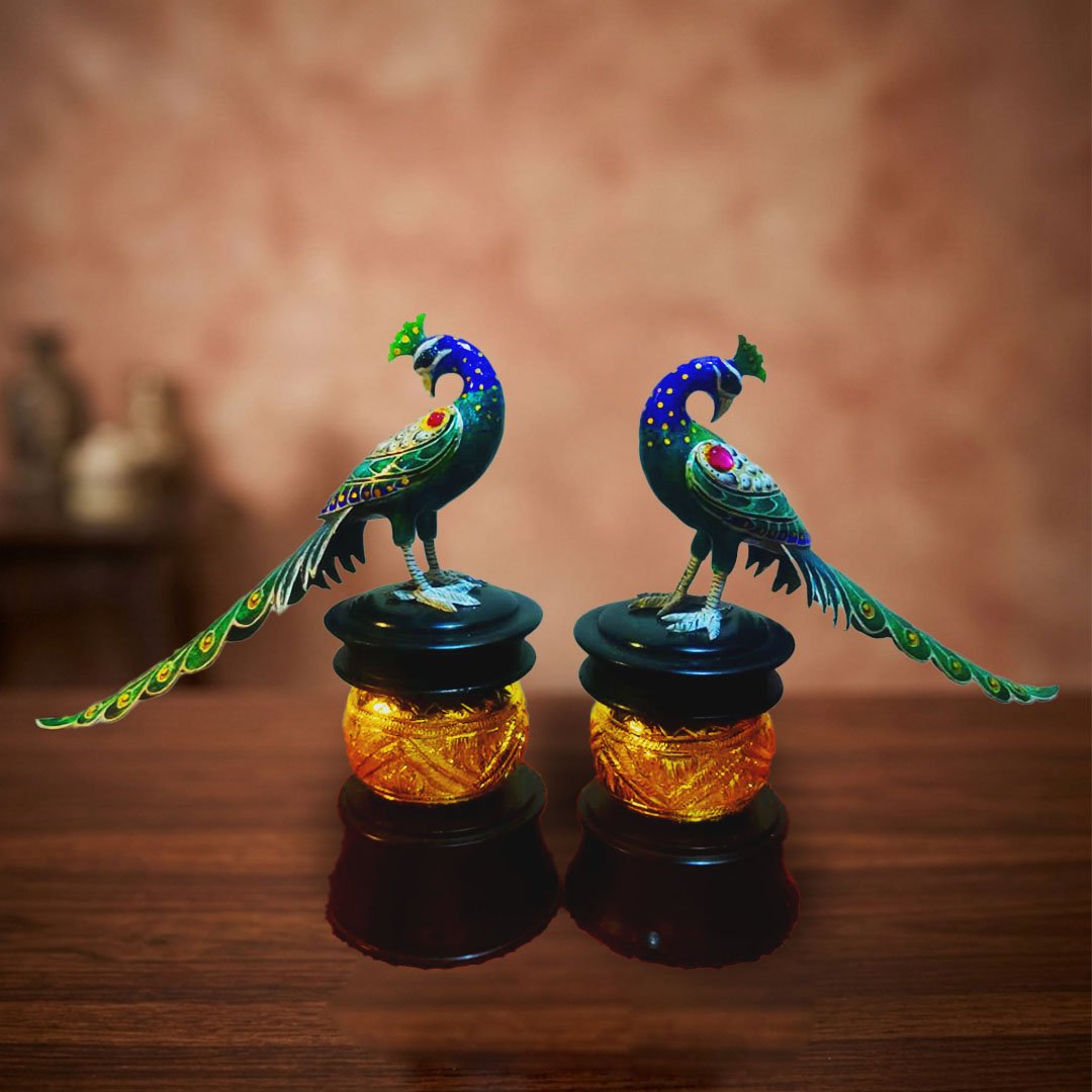 Banaras Gulabi Meenakari Silver Peacock Pair Luxury Home Decor