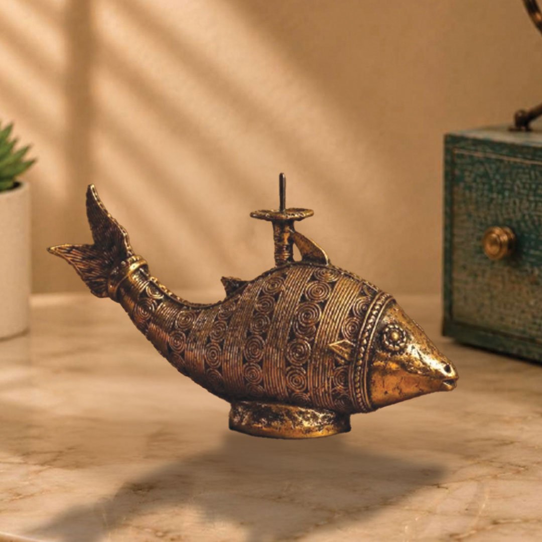 Bastar Dhokra Fish Candle Holder Tribal Handicraft