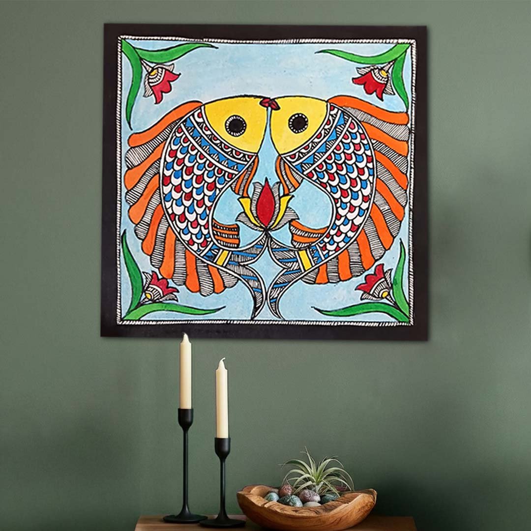 Colorful Twin Fish Madhubani Painting Handmade Wall