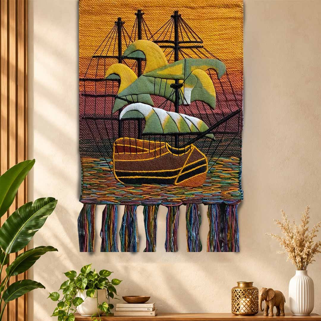 Ghazipur Jute Wall Hanging Multicolored Sailing Ship-Sky and Sea