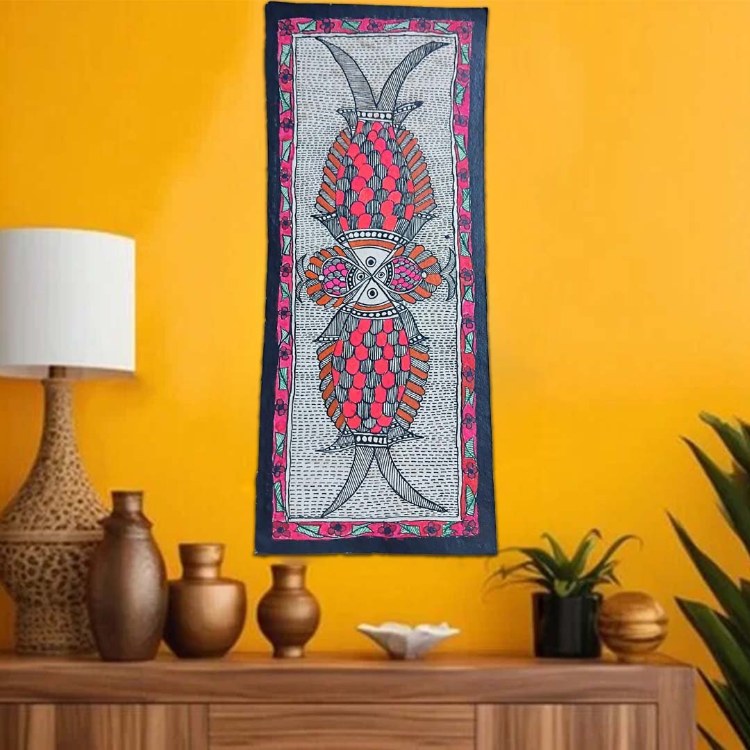 Hand-Painted Mithila Fish Vertical Wall Art