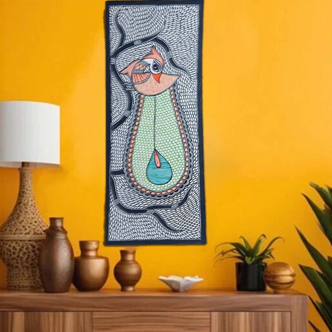 Hand Painted Stylized Peacock Mithila Vertical Wall Art