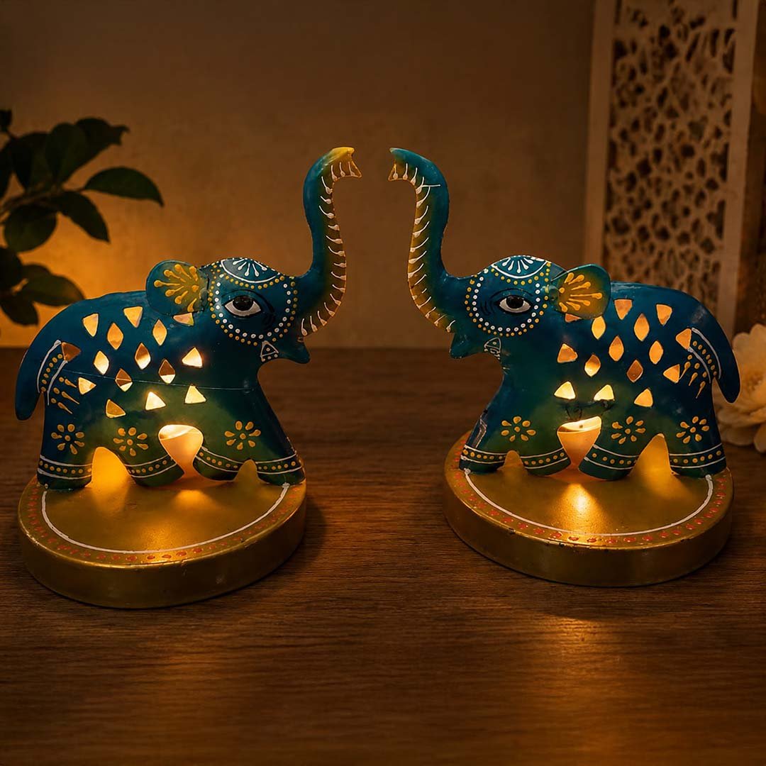 Handcrafted Aipan Art Festive Elephant Tealight Candle Holders