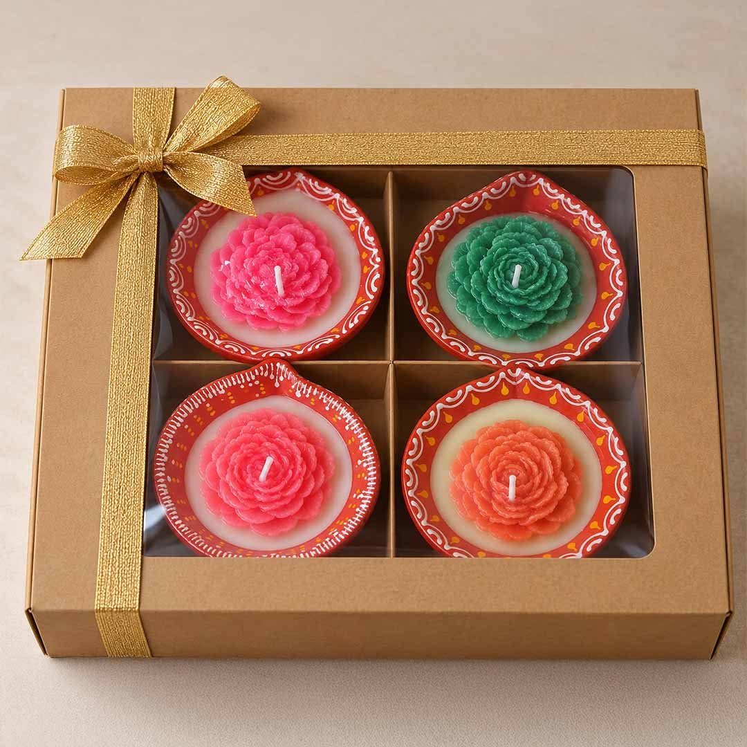 Handcrafted Aipan Art Floral Diya Candle Gift Set