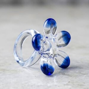 Handcrafted Firozabad Glass Flower Ring Clear & Cobalt Blue