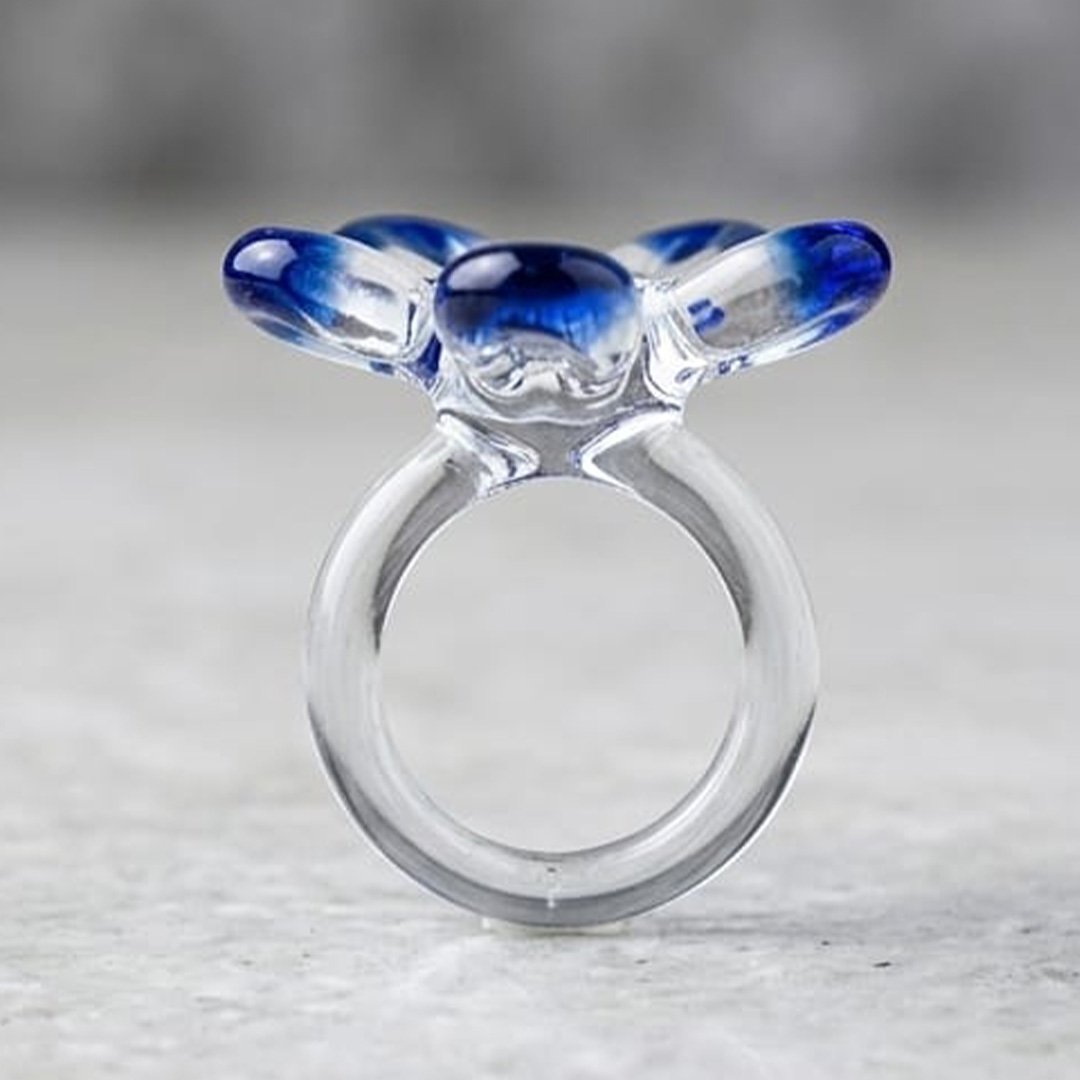 Handcrafted Firozabad Glass Flower Ring | Clear & Cobalt Blue - Image 3