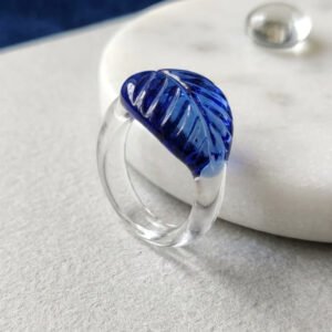 Handcrafted Firozabad Glass Ring Blue Leaf Design