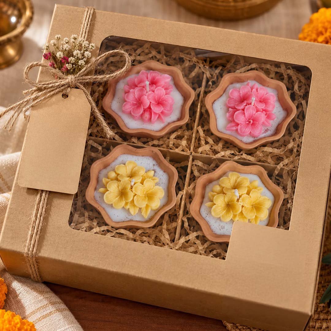 Handcrafted Floral Scented Soy Wax Diya Candles (Pack of 4)