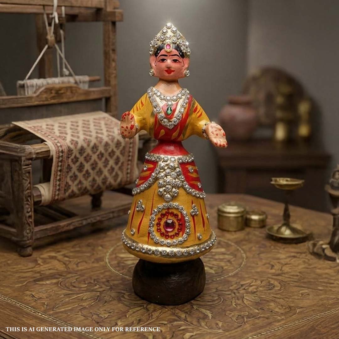 Handcrafted Thanjavur Dancing Bommai Bobblehead Doll Sparkling Gemstones