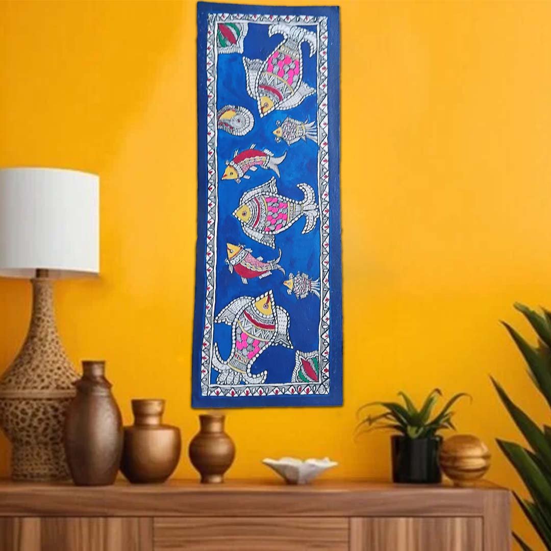 Handmade Colorful Madhubani Multiple Fish Vertical Painting