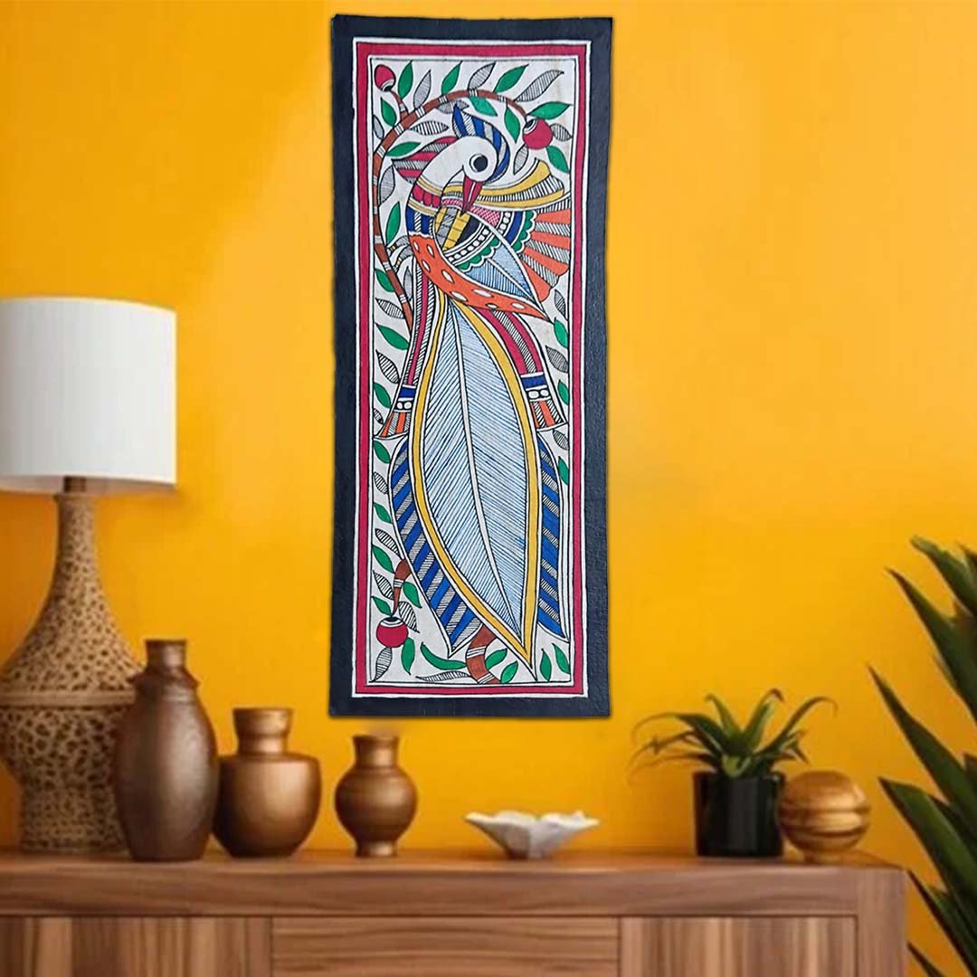 Handmade Colorful Madhubani Peacock Vertical Painting