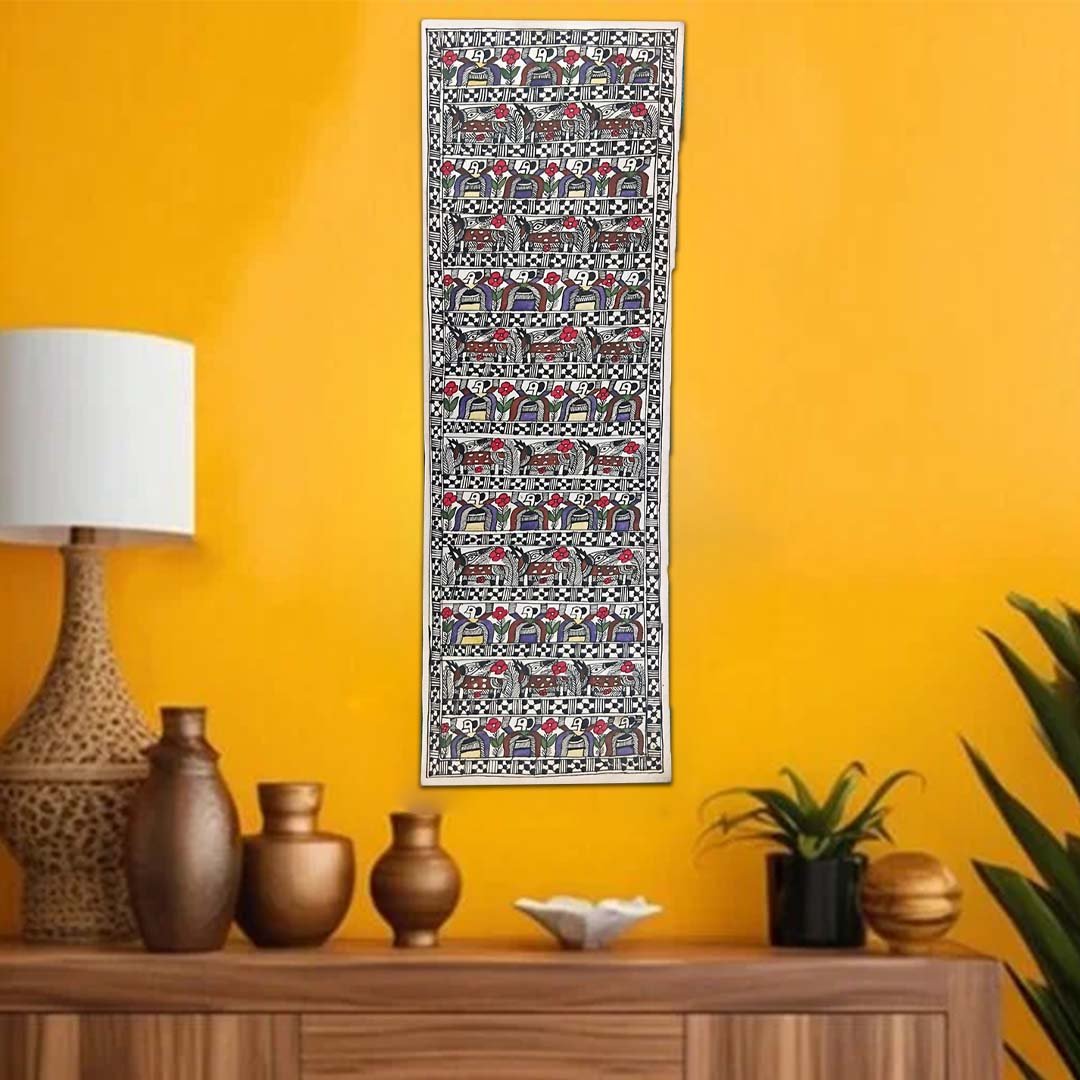 Handmade Madhubani Border Art Geometric Birds and Animals Unframed