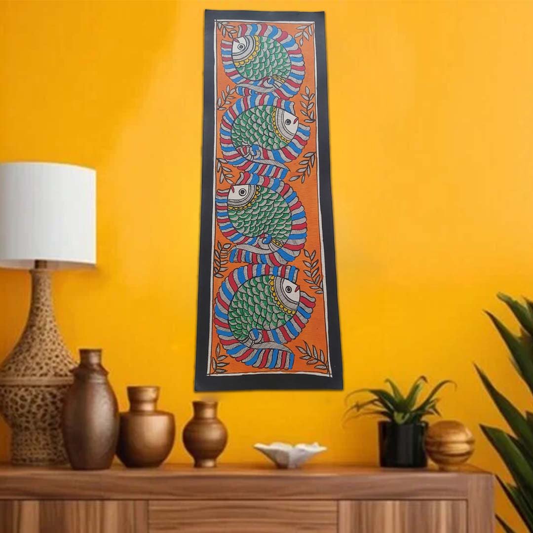 Handmade Madhubani Fish Painting Vertical Wall Art