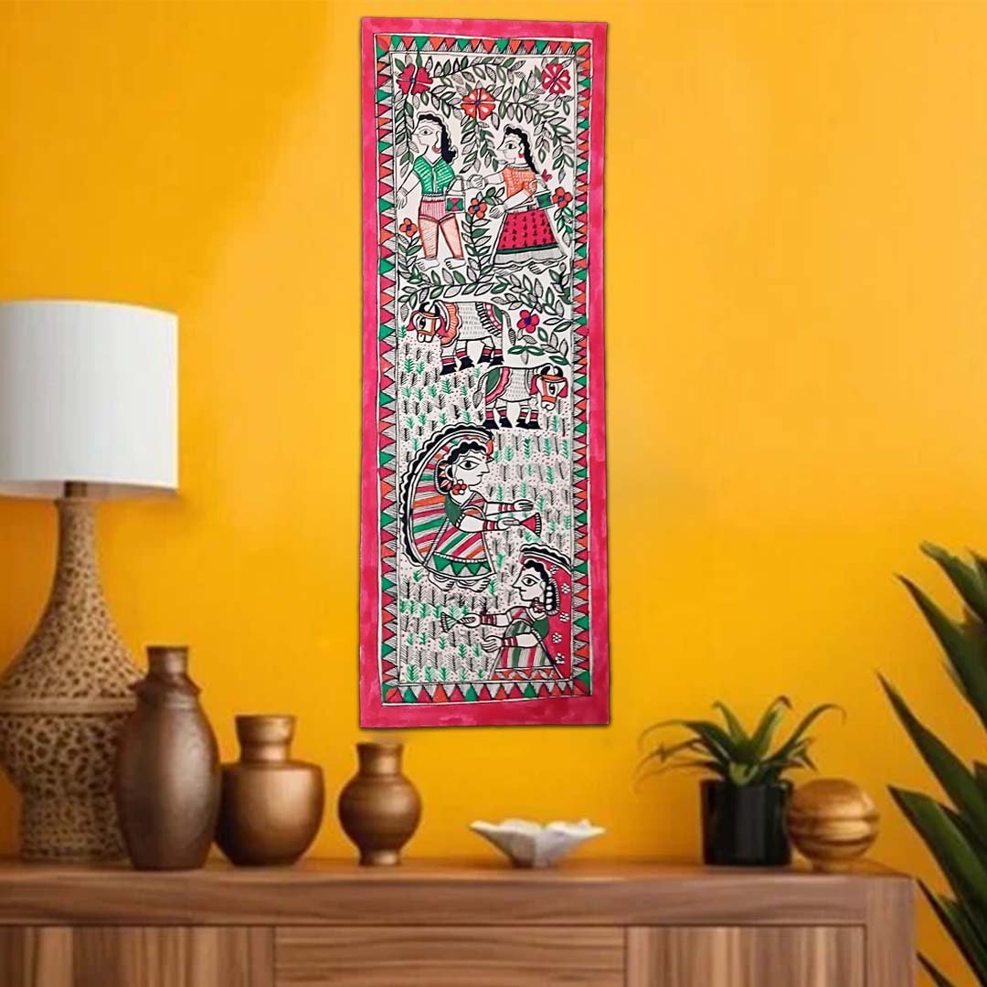 Handmade Madhubani Painting Rural Life Art Unframed