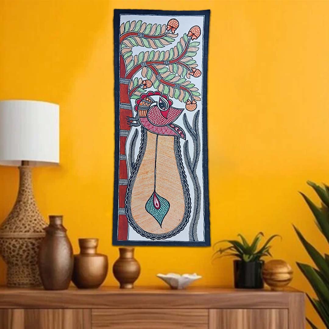 Handmade Mithila Folk Art Peacock and Tree Motif Vertical Painting