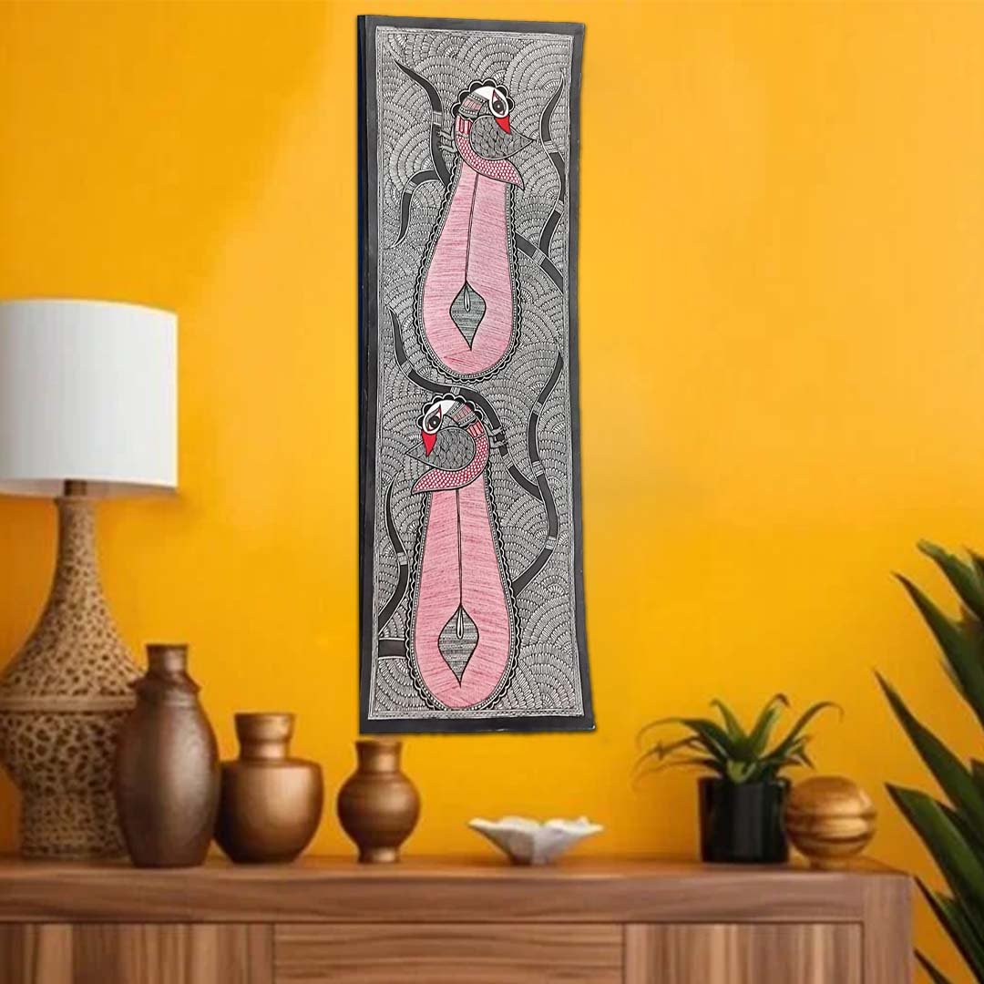 Handmade Vertical Folk Art Madhubani Painting Peacock Art