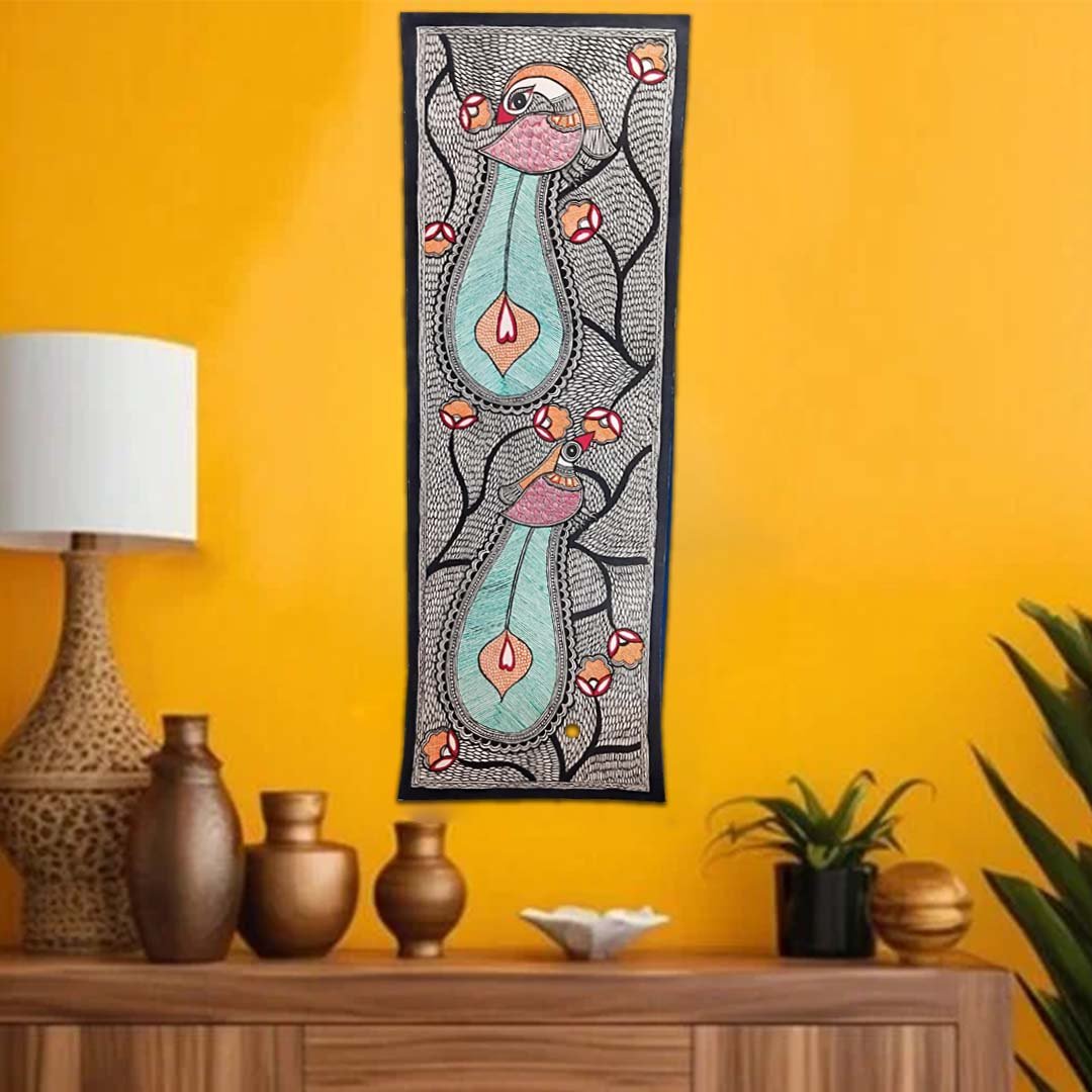 Handmade Vertical Madhubani Peafowl Painting