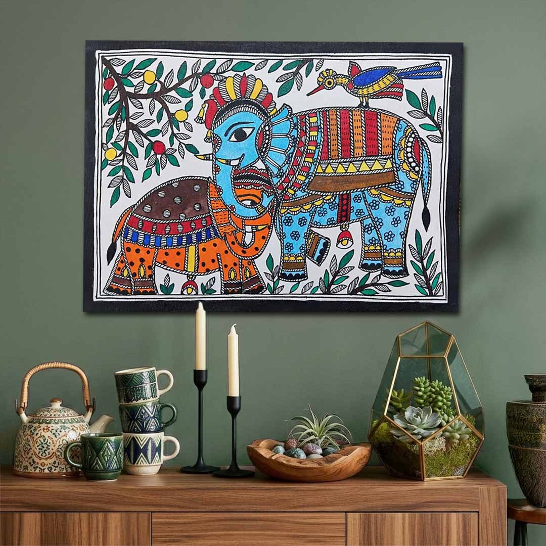 Madhubani Elephant Pair Wall Art Indian Folk Painting