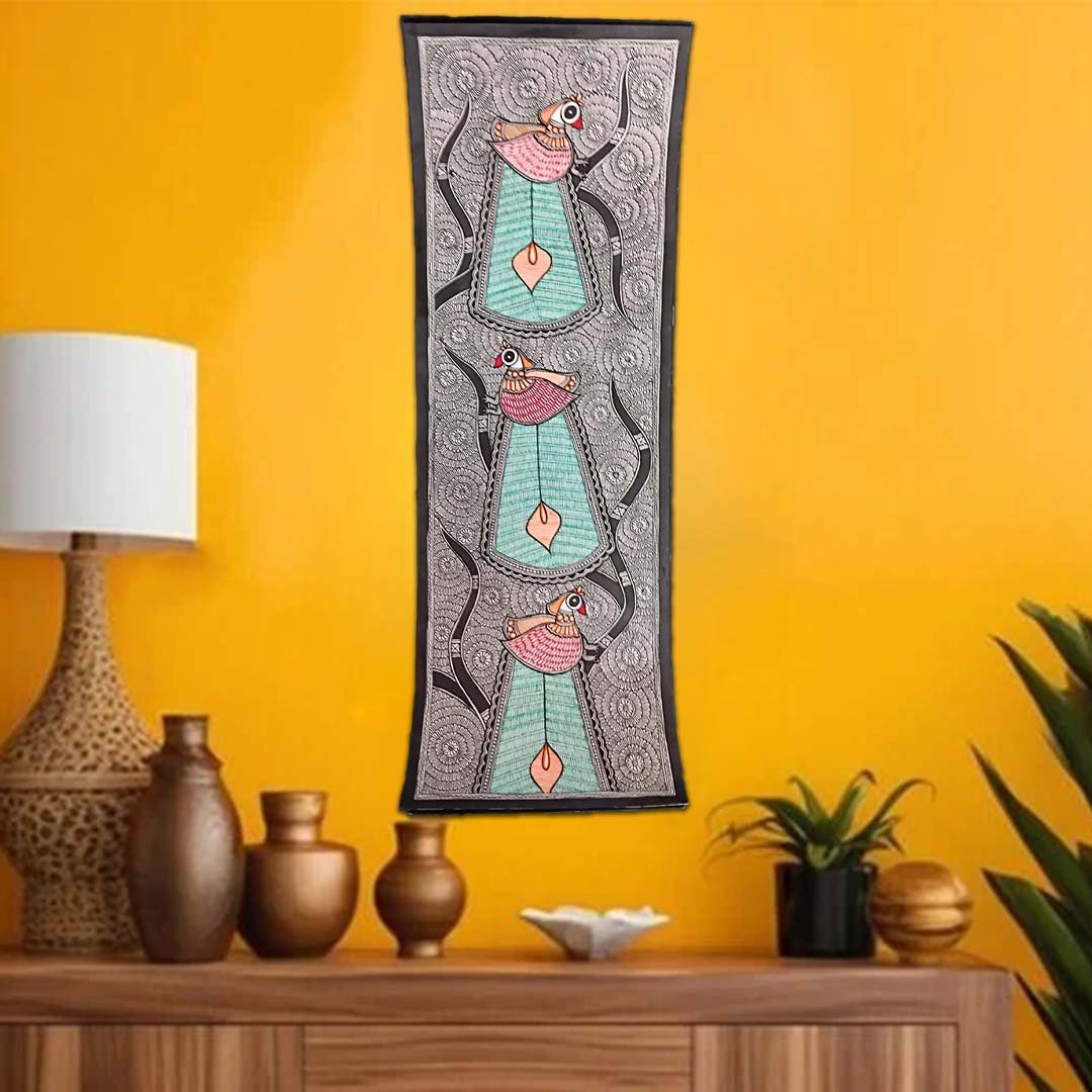 Mithila Folk Art Painting Stylized Peacock Motifs