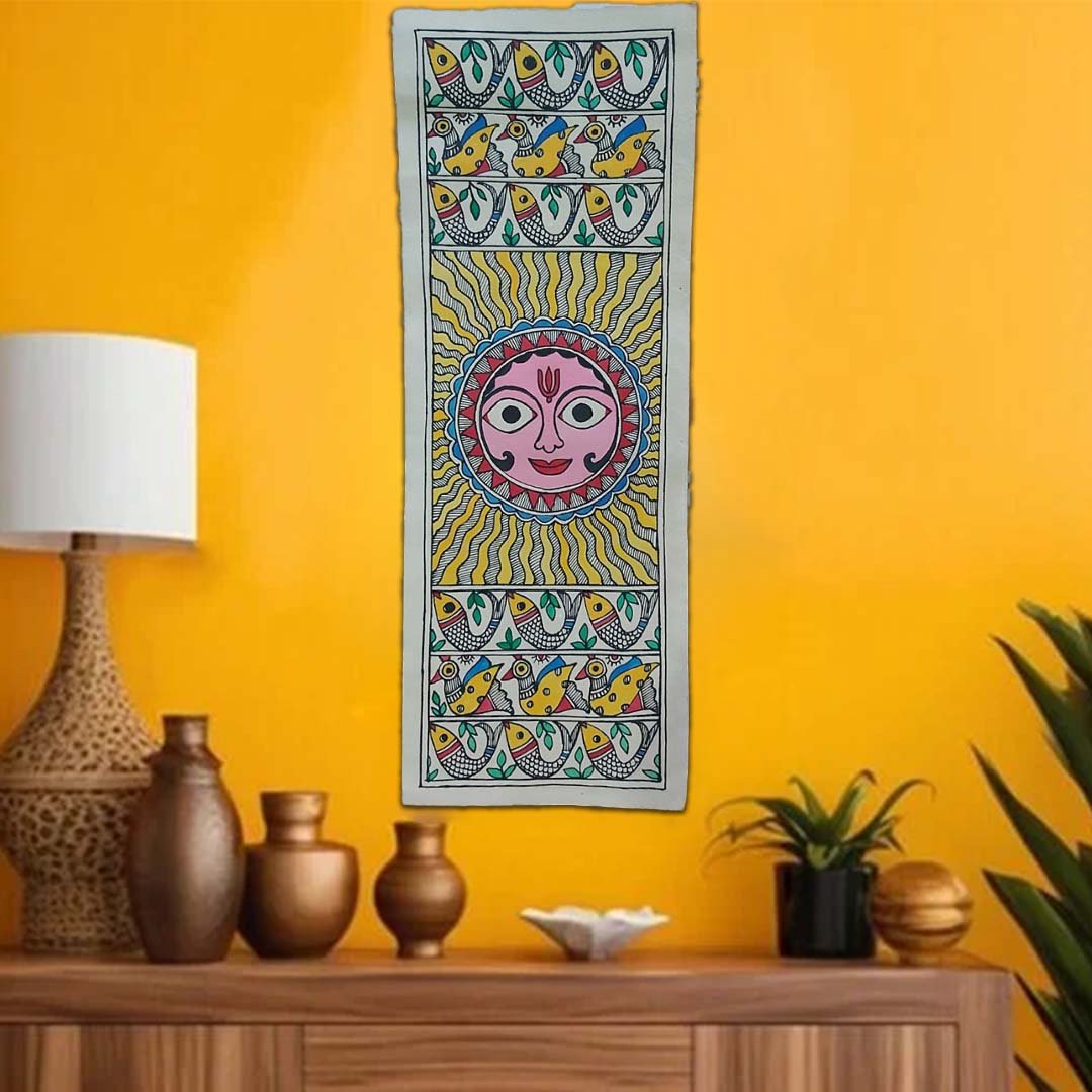 Sun God and Fish Madhubani Vertical Wall Art