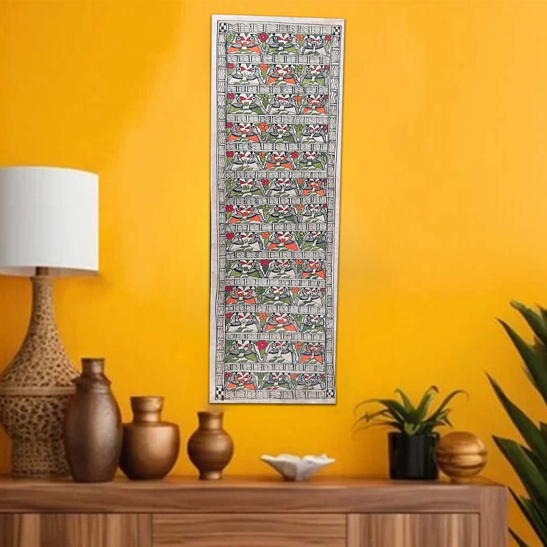 Vertical Handmade Madhubani Painting Parrots Art Scroll