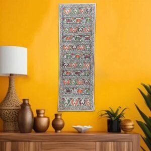 Vertical Mithila Folk Art Scroll Peacocks and Elephants Unframed