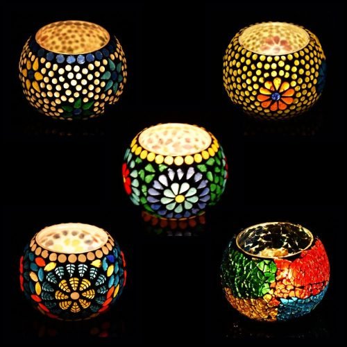 Firozabad Glass Crafted Mosaic Candle Holders Multicolor Set of 5