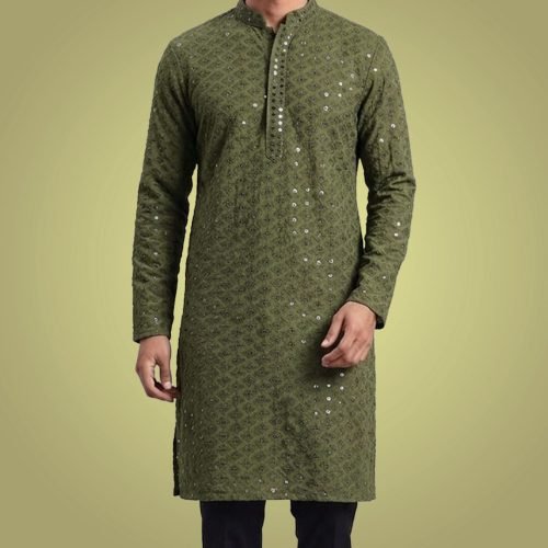 Men Olive Green Chikankari Embroidered Kurta