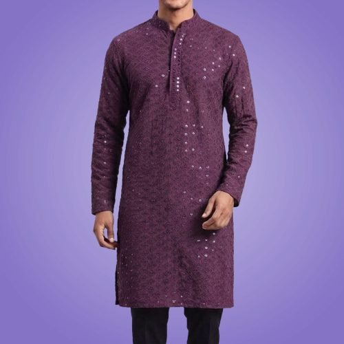 Men Purple Chikankari Embroidered Kurta